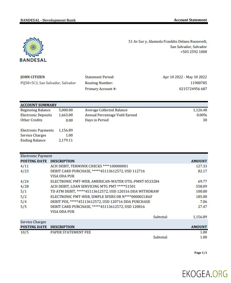 Relevé de la Banque Salvador Bandesal
